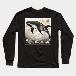 Whale in a Sea of Flowers - Black and White Illustration Long Sleeve T-Shirt